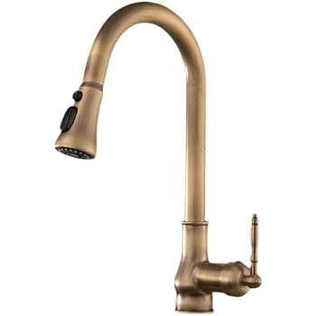 Антикварен кухненски смесител с издърпване, гореща и студена вода, меден материал със четков финиш, керамичен дисков вентил