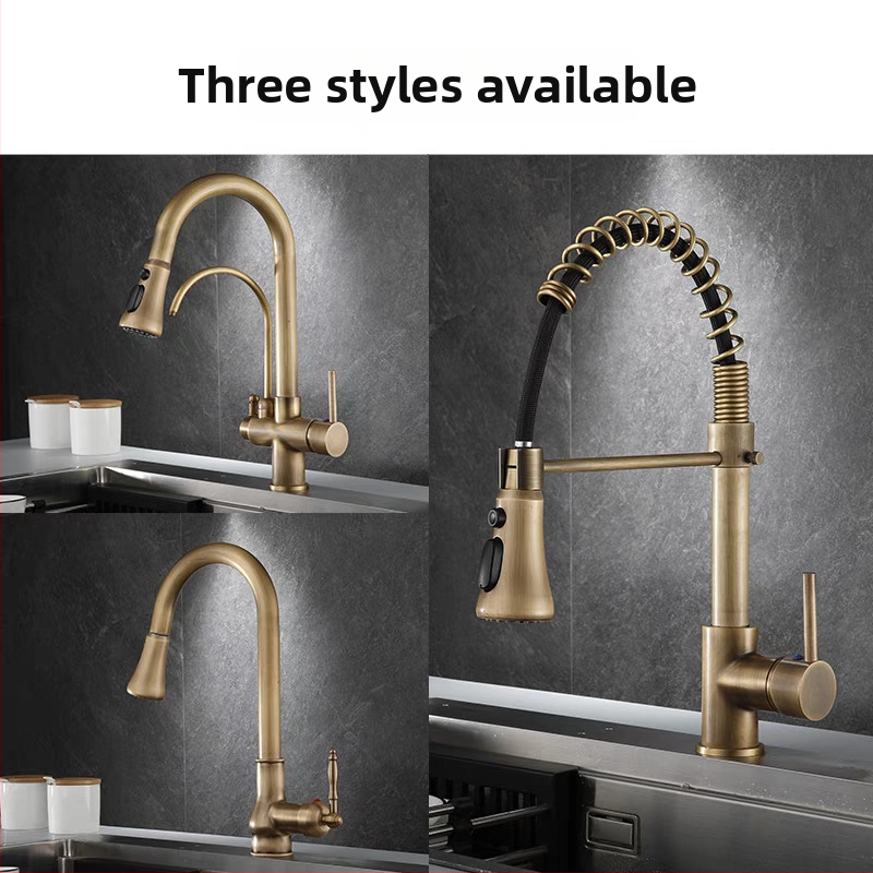 Антикварен кухненски смесител с издърпване, гореща и студена вода, меден материал със четков финиш, керамичен дисков вентил