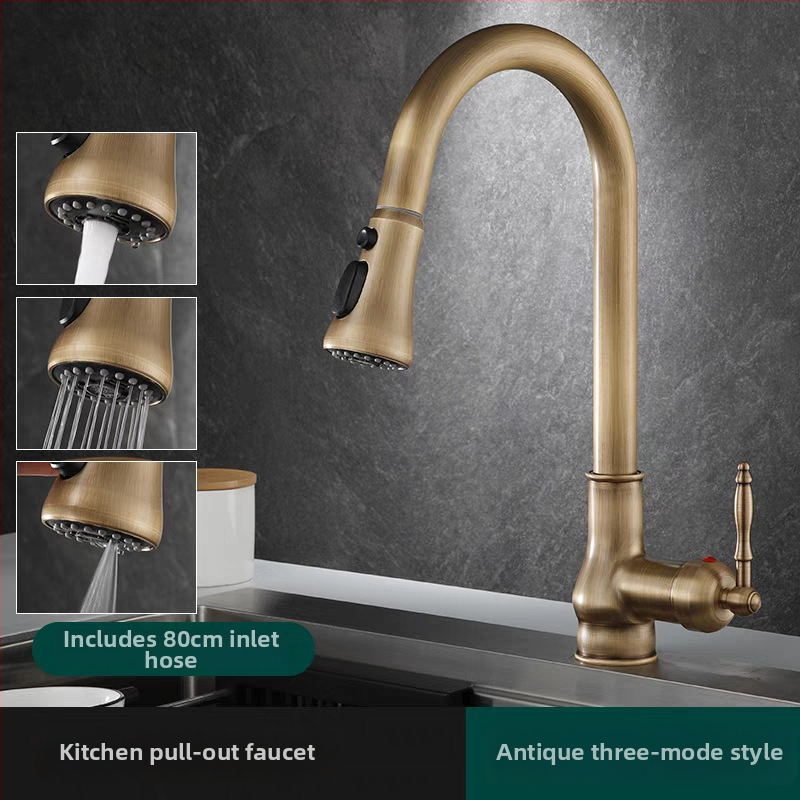 Антикварен кухненски смесител с издърпване, гореща и студена вода, меден материал със четков финиш, керамичен дисков вентил
