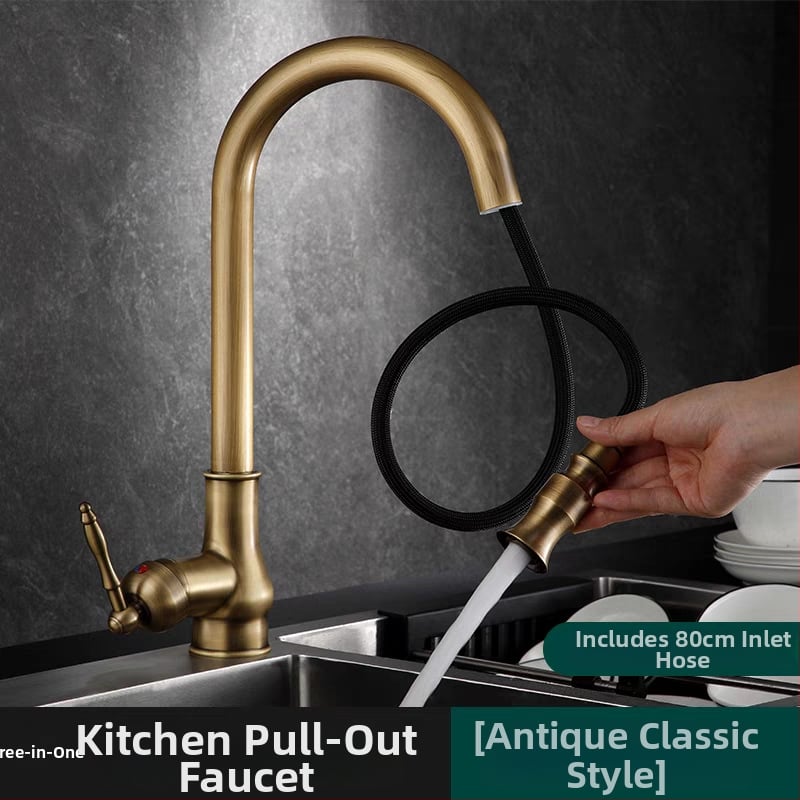 Антикварен кухненски смесител с издърпване, гореща и студена вода, меден материал със четков финиш, керамичен дисков вентил