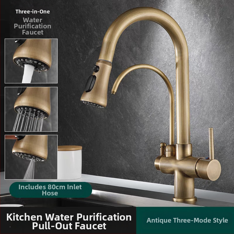 Антикварен кухненски смесител с издърпване, гореща и студена вода, меден материал със четков финиш, керамичен дисков вентил