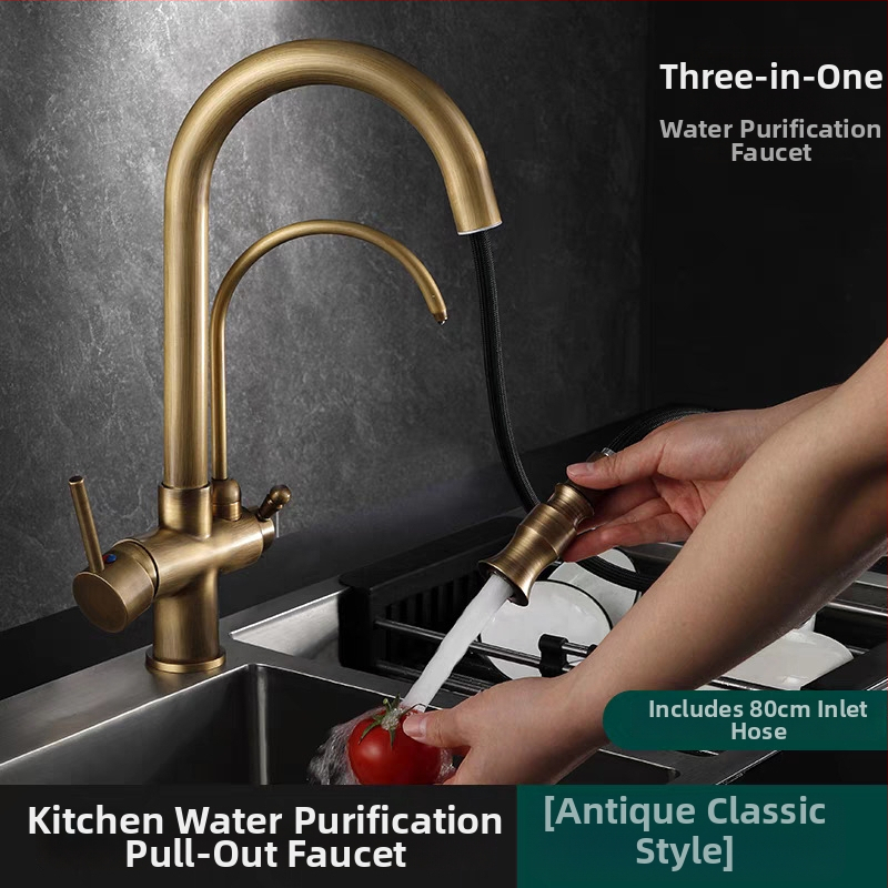 Антикварен кухненски смесител с издърпване, гореща и студена вода, меден материал със четков финиш, керамичен дисков вентил