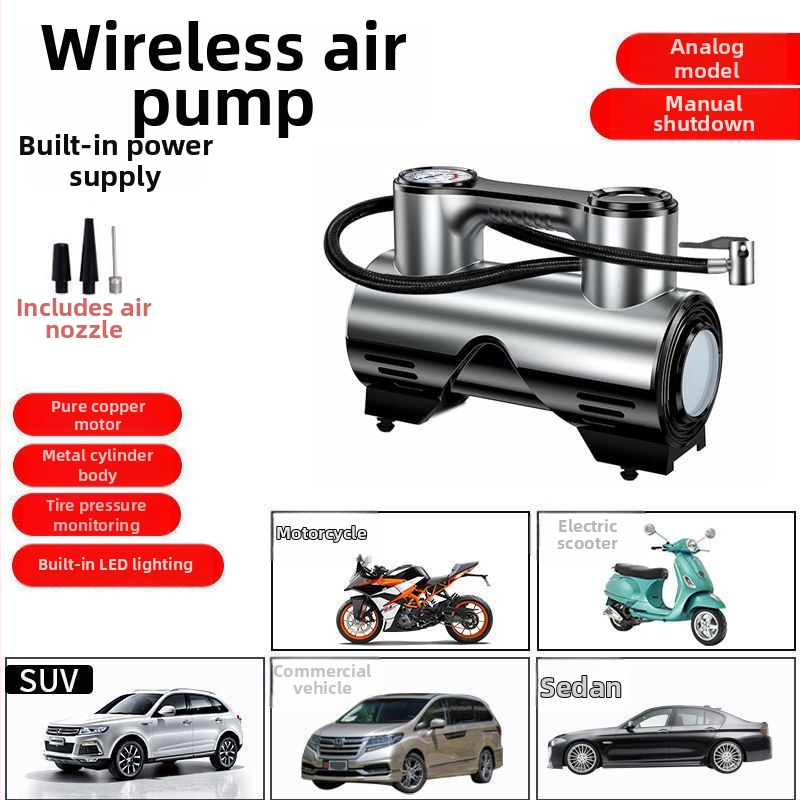 Bezdrôtová automobilová pumpa na nafúkanie kolies, viacfunkčná vysokovýkonná prenosná pumpa s digitálnym displejom, 120 W, konfigurácia s dvoma alebo viacerými valcami, varovné svetlo, trvanie prevádzky 1–5 minút