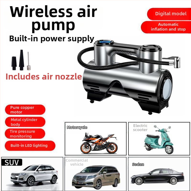 Bezdrôtová automobilová pumpa na nafúkanie kolies, viacfunkčná vysokovýkonná prenosná pumpa s digitálnym displejom, 120 W, konfigurácia s dvoma alebo viacerými valcami, varovné svetlo, trvanie prevádzky 1–5 minút