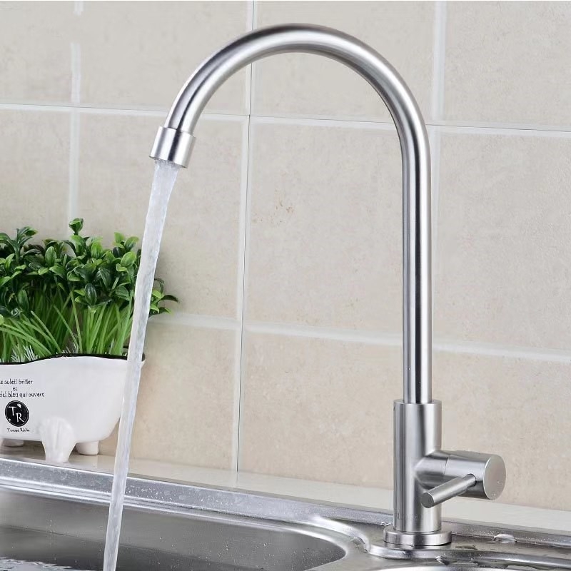 Кухненски кран от неръждаема стомана 304, за студена вода, вертикална инсталация, модел 304-01, керамичен дисков клапан, номинално налягане 1.6 MPa, работна температура 60°C