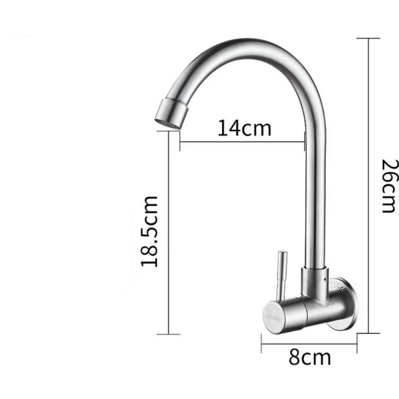 Кухненски кран от неръждаема стомана 304, за студена вода, вертикална инсталация, модел 304-01, керамичен дисков клапан, номинално налягане 1.6 MPa, работна температура 60°C