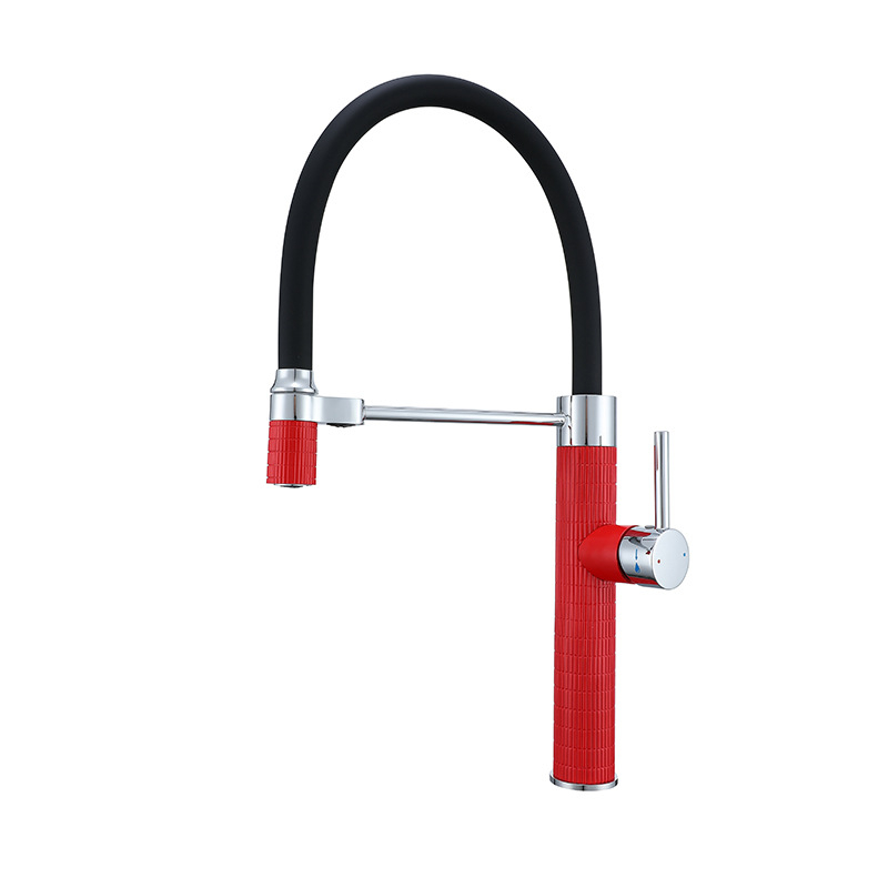 Изцяло меден кухненски смесител с издърпващ се чучур, гореща и студена вода, модерен минималистичен стил, керамичен дисков вентил