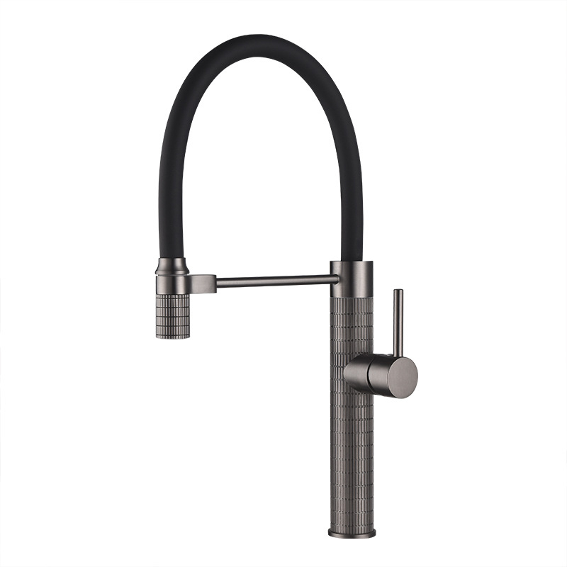 Изцяло меден кухненски смесител с издърпващ се чучур, гореща и студена вода, модерен минималистичен стил, керамичен дисков вентил