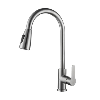 Кухненски смесител от неръждаема стомана с издърпващ се чучур, въртене на гореща/студена вода, модел H-00130, 0.8 MPa, 65°C, керамична клапанна глава