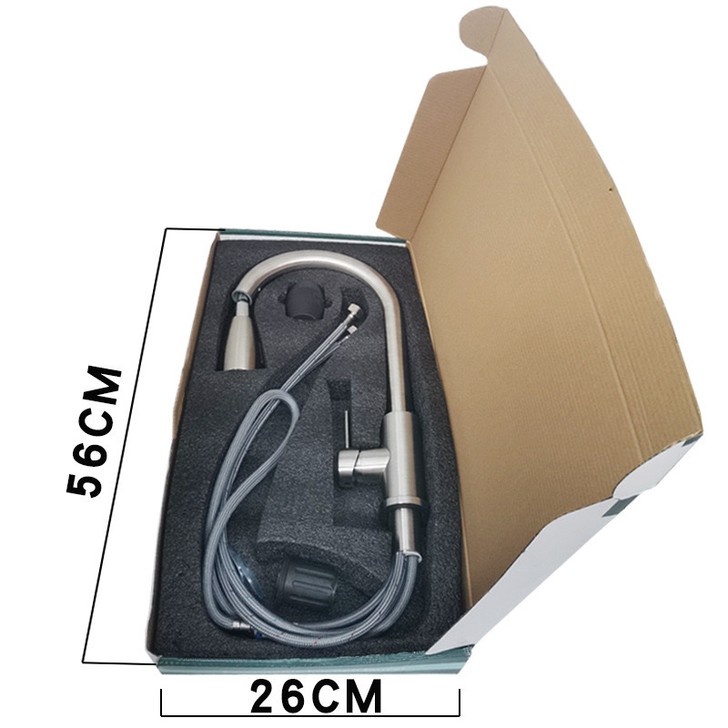 Кухненски смесител от неръждаема стомана с издърпващ се чучур, въртене на гореща/студена вода, модел H-00130, 0.8 MPa, 65°C, керамична клапанна глава