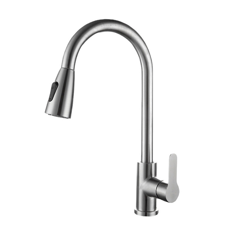 Кухненски смесител от неръждаема стомана с издърпващ се чучур, въртене на гореща/студена вода, модел H-00130, 0.8 MPa, 65°C, керамична клапанна глава