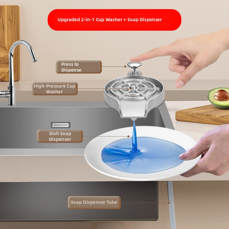 Δύο σε ένα: περιστρεφόμενος διανομέας σαπουνιού υψηλής πίεσης και αυτόματη βρύση ψεκασμού για οικιακό νεροχύτη, από πλαστικό κατάλληλο για τρόφιμα