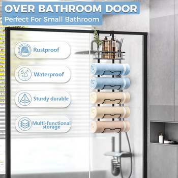 Стенно монтиран банен шкаф за кърпи и душ гелове, без пробиване, повече от 8 нива, монтаж с куки, въглеродна стомана