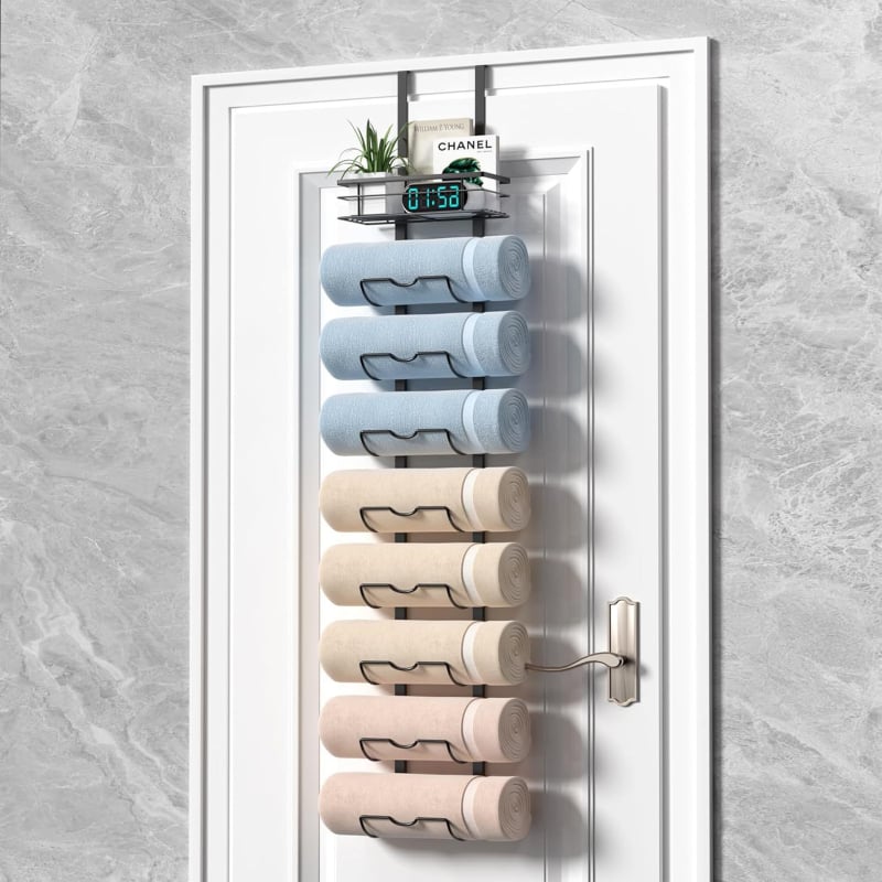 Стенно монтиран банен шкаф за кърпи и душ гелове, без пробиване, повече от 8 нива, монтаж с куки, въглеродна стомана