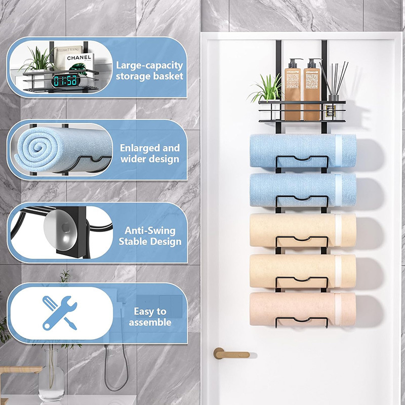 Стенно монтиран банен шкаф за кърпи и душ гелове, без пробиване, повече от 8 нива, монтаж с куки, въглеродна стомана