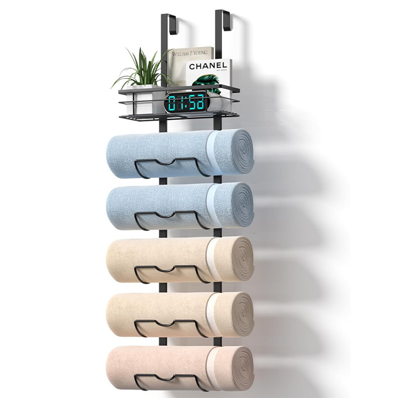 Стенно монтиран банен шкаф за кърпи и душ гелове, без пробиване, повече от 8 нива, монтаж с куки, въглеродна стомана