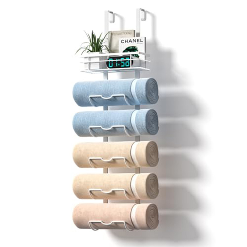 Стенно монтиран банен шкаф за кърпи и душ гелове, без пробиване, повече от 8 нива, монтаж с куки, въглеродна стомана