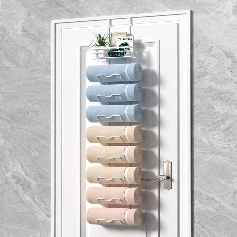 Стенно монтиран банен шкаф за кърпи и душ гелове, без пробиване, повече от 8 нива, монтаж с куки, въглеродна стомана