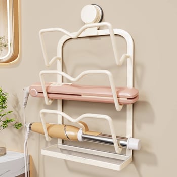 Стенно монтиран рафт за съхранение на инструменти за коса с вакуумна чашка – 3-етажна метална конструкция за маши за коса и сешоари, многофункционален