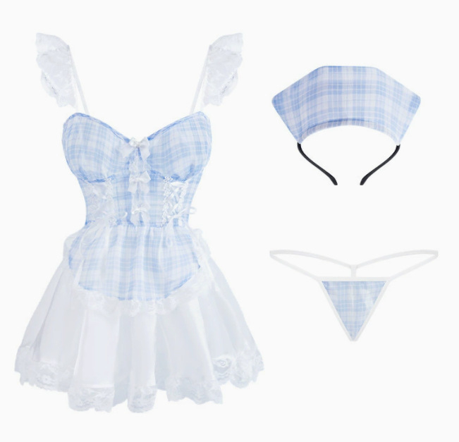 Set kostima za ulogu služavke — mrežasti karirani Lolita stil, poliester tkanina