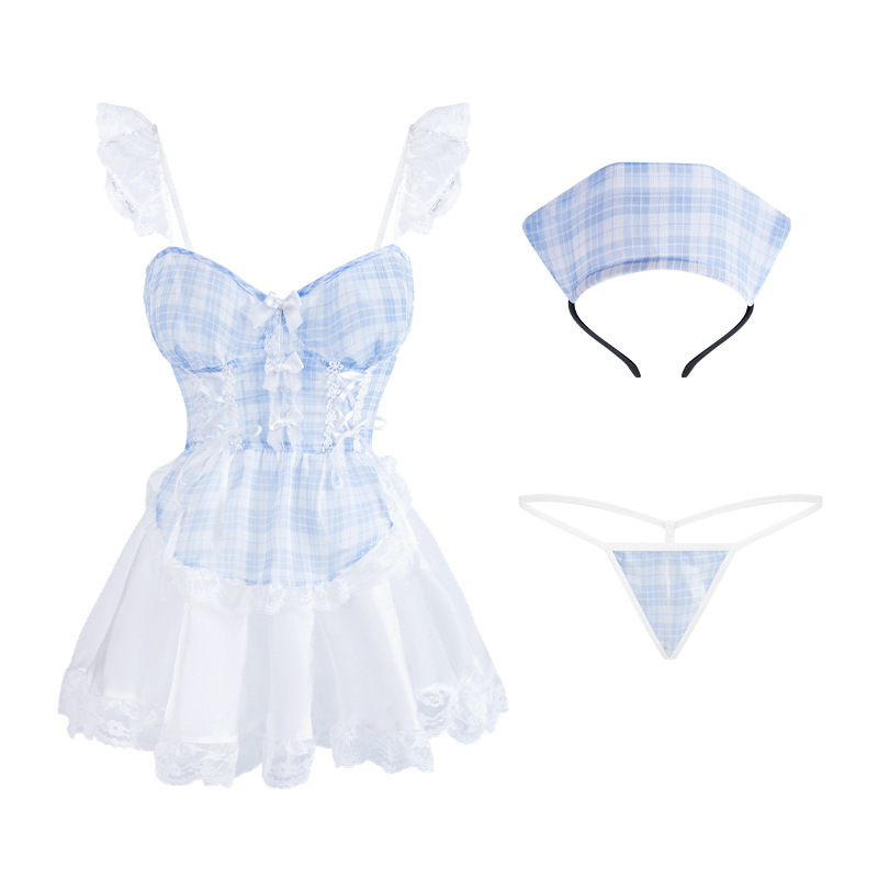 Set kostima za ulogu služavke — mrežasti karirani Lolita stil, poliester tkanina