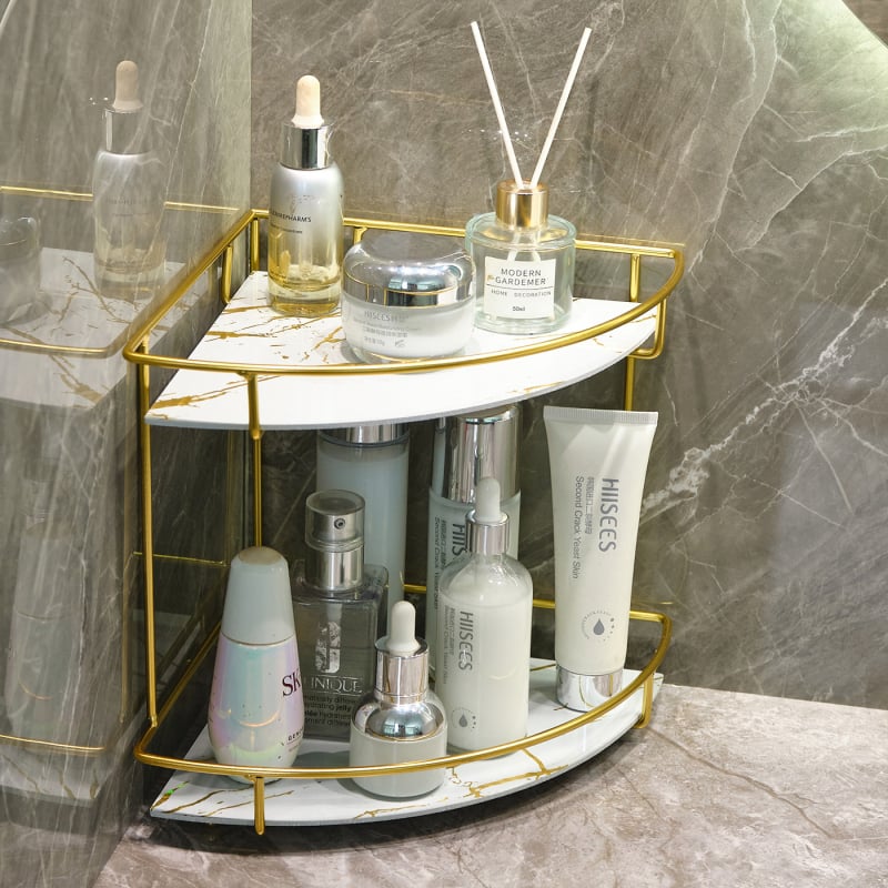 Козметична поставка за баня – ъглов настолен органайзър от пластмаса и метал, покритие със спрей, товар 5 кг, 1–2 нива