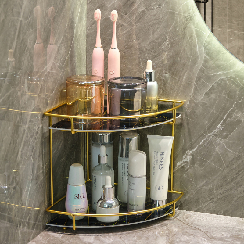 Козметична поставка за баня – ъглов настолен органайзър от пластмаса и метал, покритие със спрей, товар 5 кг, 1–2 нива