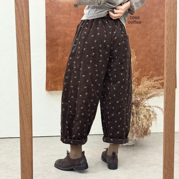 Moteriškos korduro medvilnės kelnės su spauda, laisvo kirpimo haremo stilius, elastinis juosmuo, šilta pamušalas, žiema 2025