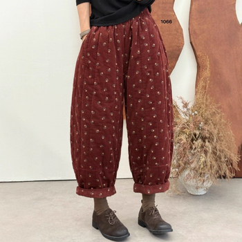 Moteriškos korduro medvilnės kelnės su spauda, laisvo kirpimo haremo stilius, elastinis juosmuo, šilta pamušalas, žiema 2025