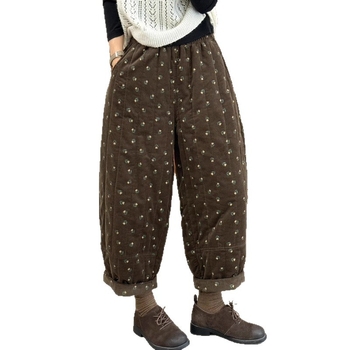 Moteriškos korduro medvilnės kelnės su spauda, laisvo kirpimo haremo stilius, elastinis juosmuo, šilta pamušalas, žiema 2025