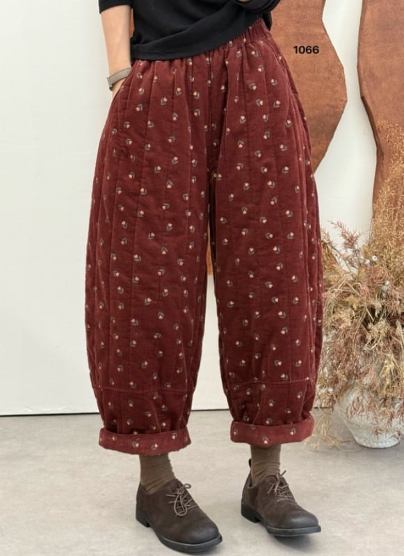 Moteriškos korduro medvilnės kelnės su spauda, laisvo kirpimo haremo stilius, elastinis juosmuo, šilta pamušalas, žiema 2025