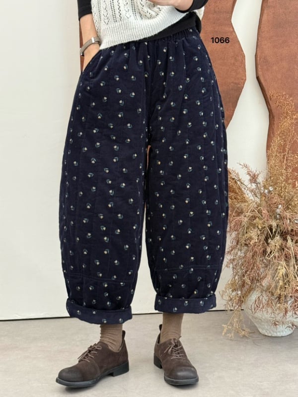 Moteriškos korduro medvilnės kelnės su spauda, laisvo kirpimo haremo stilius, elastinis juosmuo, šilta pamušalas, žiema 2025