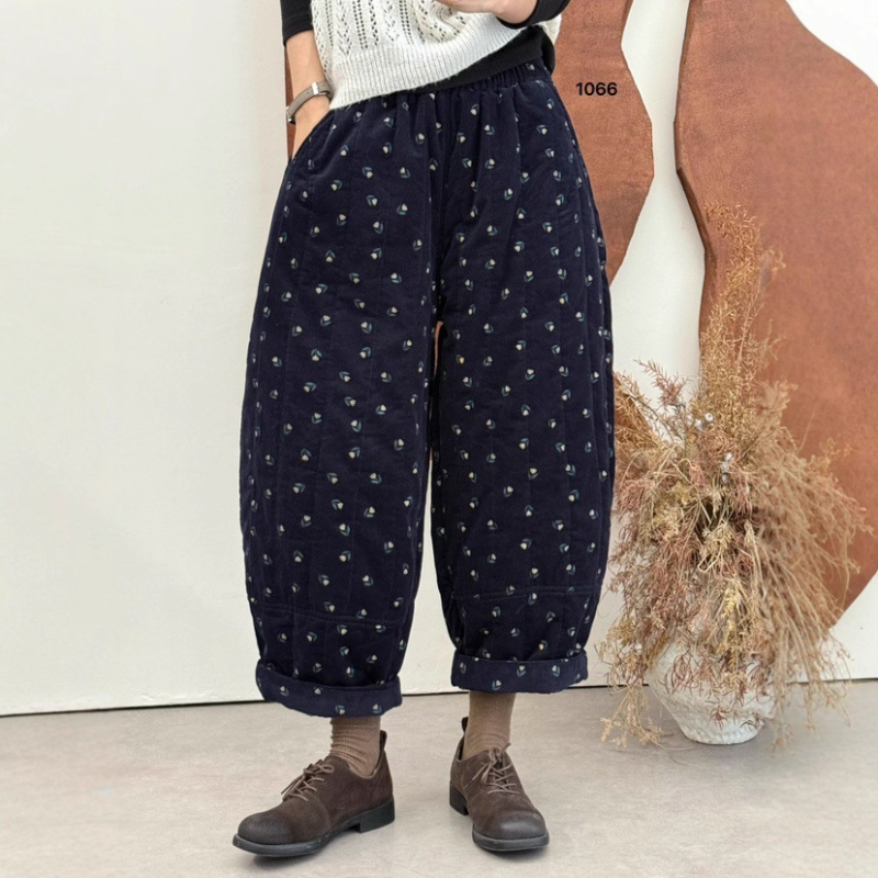 Moteriškos korduro medvilnės kelnės su spauda, laisvo kirpimo haremo stilius, elastinis juosmuo, šilta pamušalas, žiema 2025