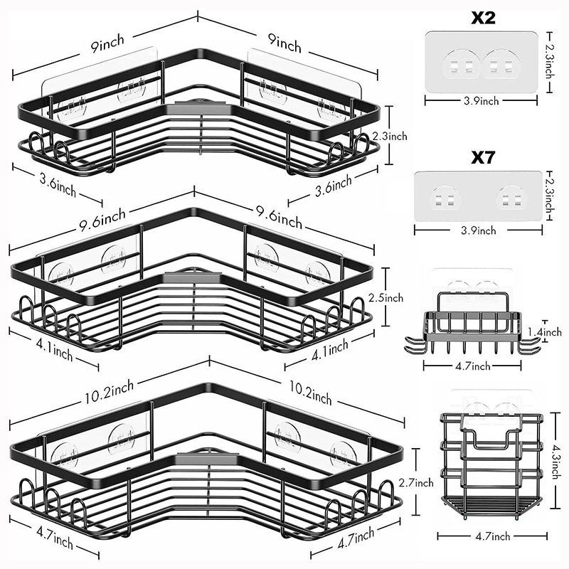 Стенно рафт за баня с триъгълна кошница, без пробиване, за съхранение на козметика и принадлежности