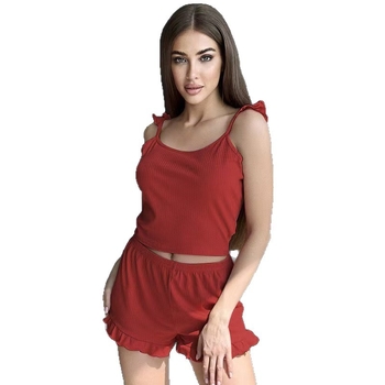 Sieviešu pidžamu komplekts - Ribota audums, Mežģīņu šorti ar siksām, Bez piedurknēm, Apaļa kakla izgriezums, Elpojošs, Piemērots ārējai nēsāšanai