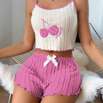 Izšūts pūkains divu gabalu pidžamas komplekts ar bez piedurknēm topu un šortiem