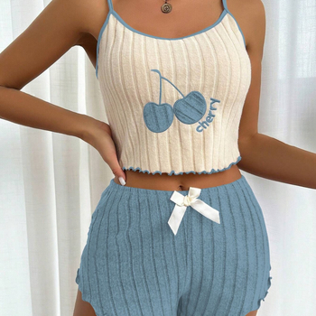 Izšūts pūkains divu gabalu pidžamas komplekts ar bez piedurknēm topu un šortiem