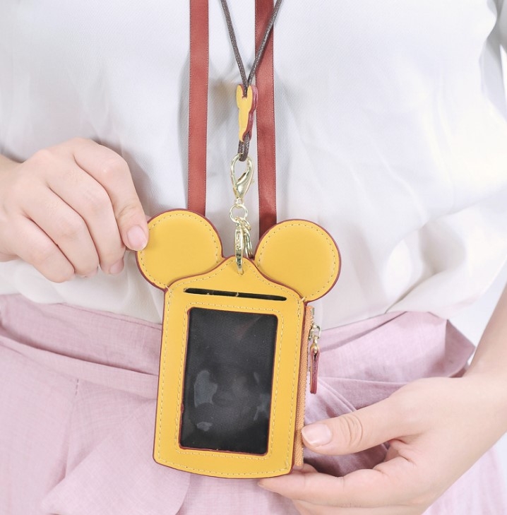 Ženski mini držač za osobnu iskaznicu s lančićem i džepom za kovanice, PU koža, zatvarač, uspravni kvadratni oblik, Mickey uzorak