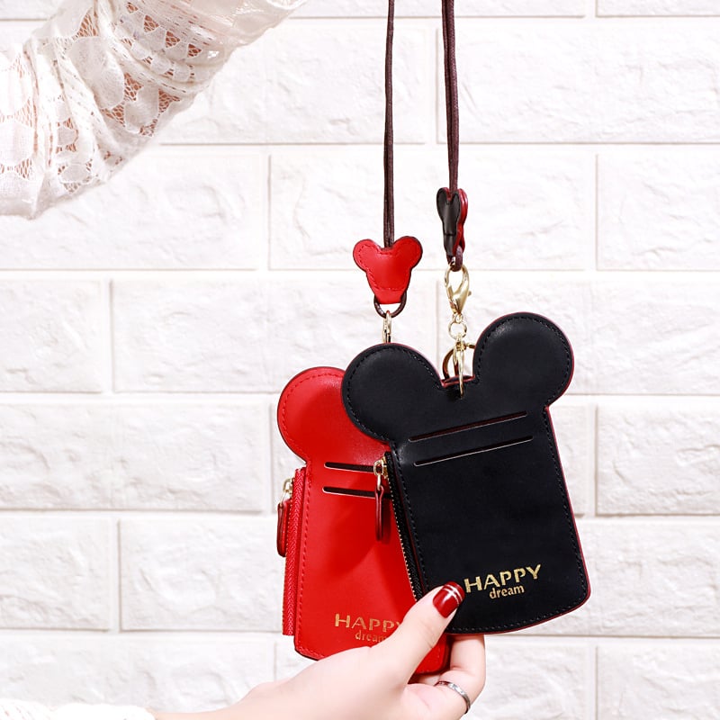 Ženski mini držač za osobnu iskaznicu s lančićem i džepom za kovanice, PU koža, zatvarač, uspravni kvadratni oblik, Mickey uzorak