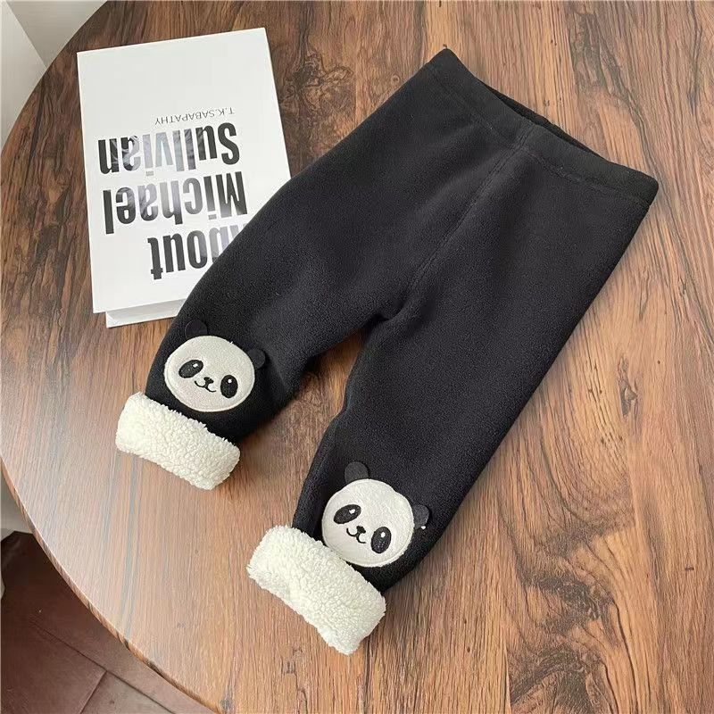 Detské fleecové legíny s fleecovou výstelkou, korejský štýl, lambswool látka, cartoon vzor, stredne vysoký pás