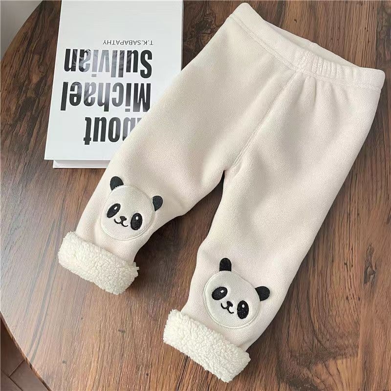 Detské fleecové legíny s fleecovou výstelkou, korejský štýl, lambswool látka, cartoon vzor, stredne vysoký pás