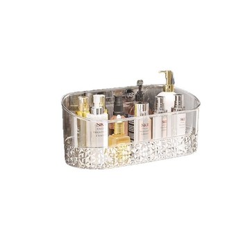 Fali fürdőszobai tárolópolc, átlátszó műanyag, fúrás nélküli, egyemeletes polc kozmetikai tárolásra (teherbírás 1–5 kg), spray-plasztik felület