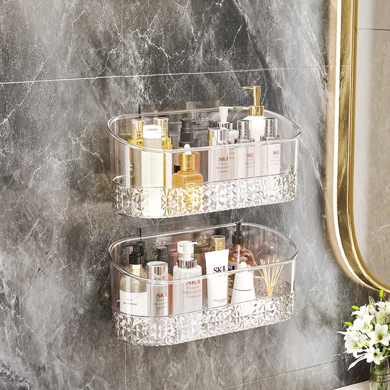 Fali fürdőszobai tárolópolc, átlátszó műanyag, fúrás nélküli, egyemeletes polc kozmetikai tárolásra (teherbírás 1–5 kg), spray-plasztik felület