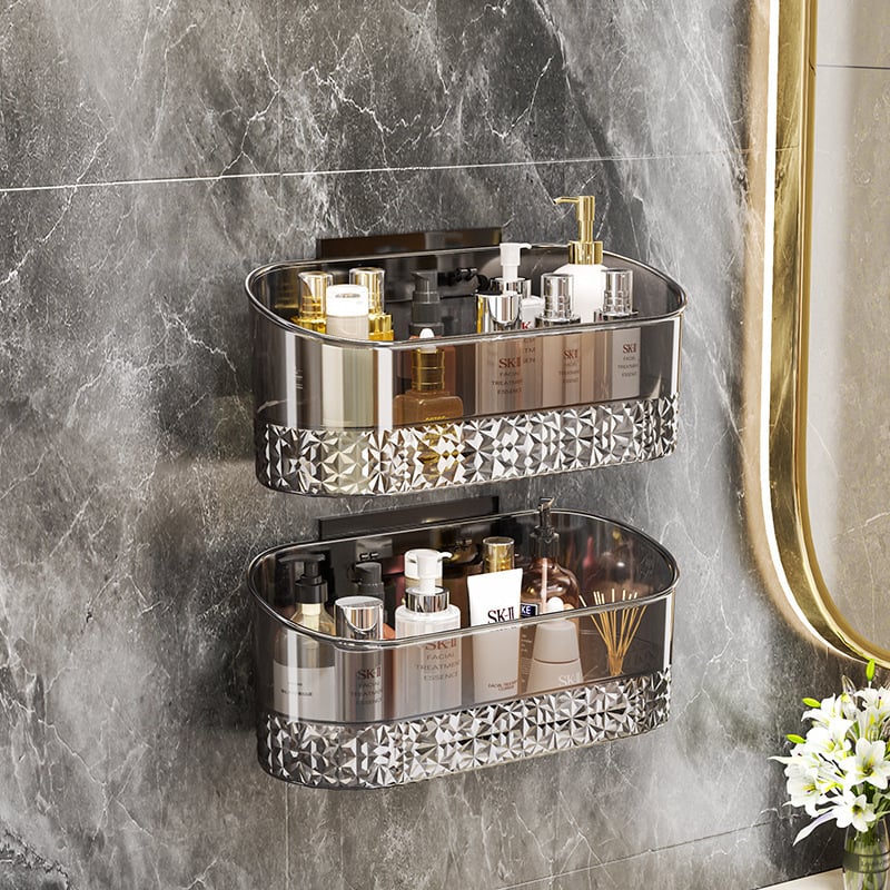 Fali fürdőszobai tárolópolc, átlátszó műanyag, fúrás nélküli, egyemeletes polc kozmetikai tárolásra (teherbírás 1–5 kg), spray-plasztik felület