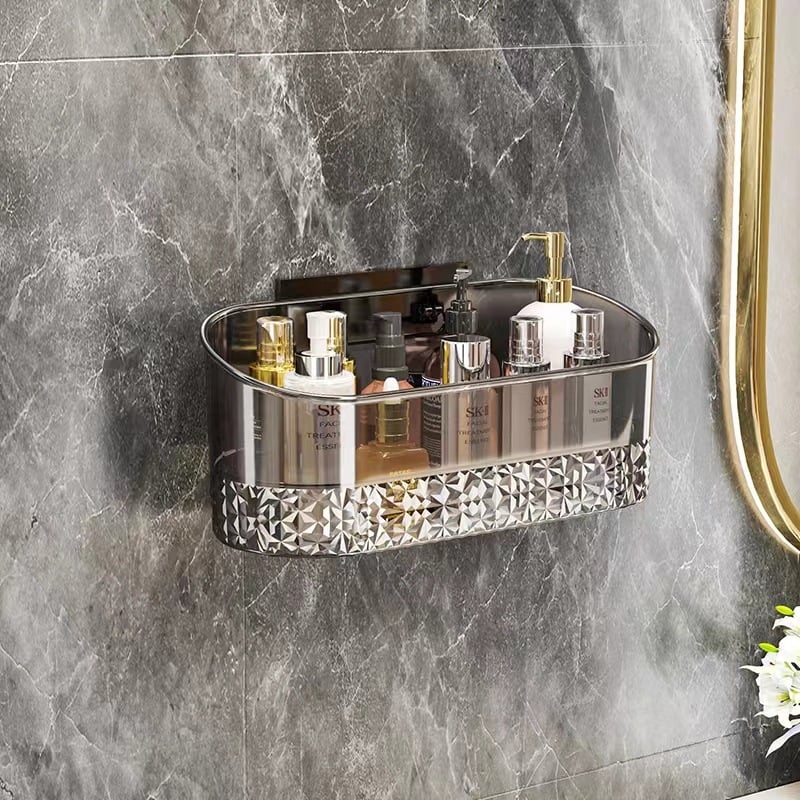 Fali fürdőszobai tárolópolc, átlátszó műanyag, fúrás nélküli, egyemeletes polc kozmetikai tárolásra (teherbírás 1–5 kg), spray-plasztik felület