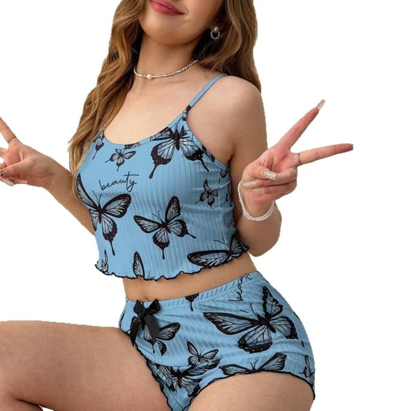 Sieviešu pidžamu komplekts ar tauriņu rakstu un siksniem topam, īsās bikses, elpojošs un ērts gan mājas, gan ārpuses lietošanai, Pit strip audums 141–160 g/m²