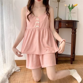 Δύο τεμάχια σετ πιτζάμες χωρίς μανίκια με ρυθμιζόμενες τιράντες, στρογγυλή λαιμόκοψη, ελαφρύ βαμβάκι για καλοκαίρι, διαπνέον και απορροφά τον ιδρώτα