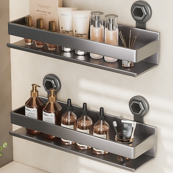 Двуетажен стенен банен рафт с вакуумна фиксация, без пробиване на дупки (Модел ZWJ-023; Материал: Желязо; Носимост: 10 кг; 2-етажен дизайн; Повърхност: спрей пластмаса)