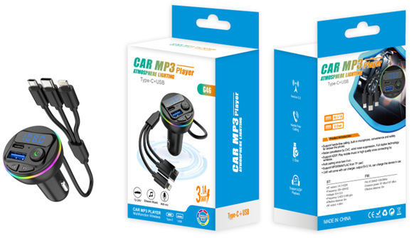 G45 Auto MP3 Bluetooth prijemnik/emitent s USB punjenjem, kabel 3-u-1, 12–24V ulaz, FM radio, LED zaslon