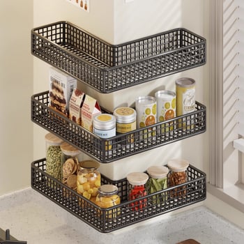 Ъглов стенен кухненски рафт, многофункционален метален органайзер за подправки, чесън и джинджифил